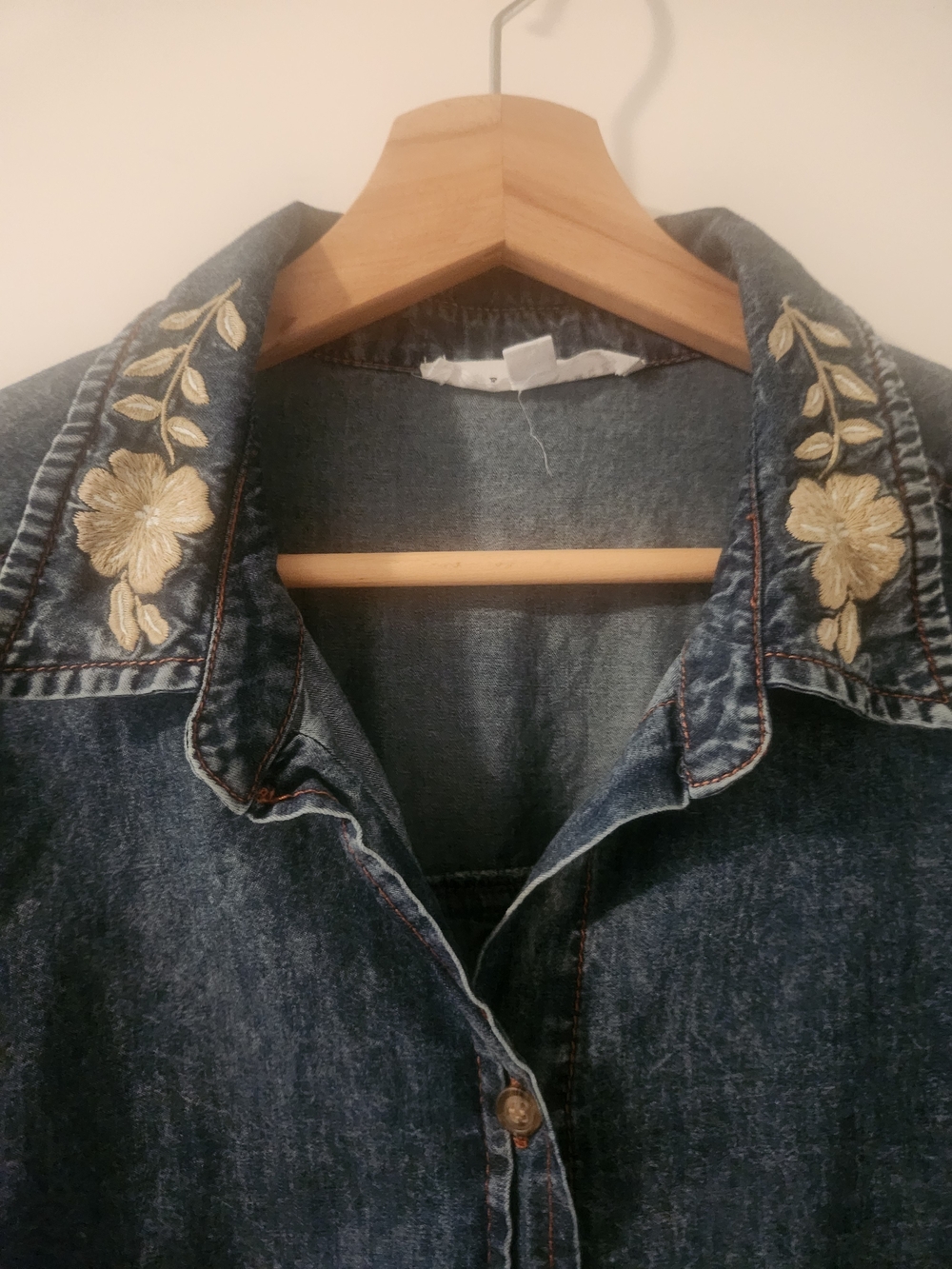 Embroidered Collar Dark Denim Button-Up Shirt - Picture 2 of 6